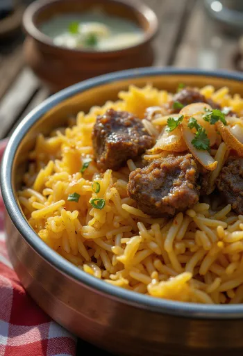 Biryani แพะร้อนๆ ในหม้อ