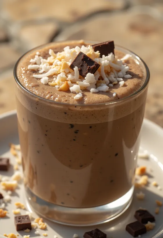 สมูทตี้กาแฟมะพร้าวเสิร์ฟพร้อมเกล็ดมะพร้าวและช็อกโกแลต