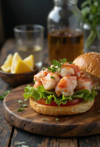 ล็อบสเตอร์เบอร์เกอร์ทำสดใหม่พร้อมพาสลีย์และเลมอน