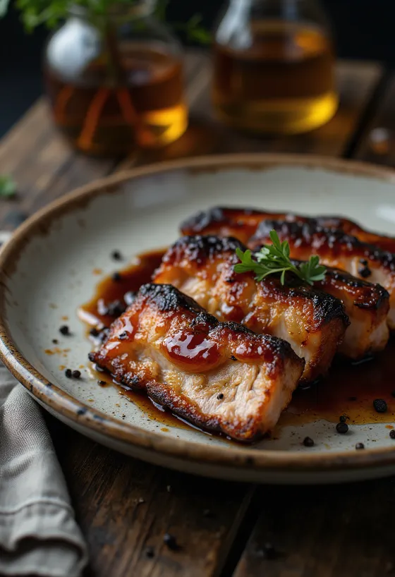 หมูสามชั้นย่างบาร์บีคิวหั่นชิ้นหนาบนตะแกรง