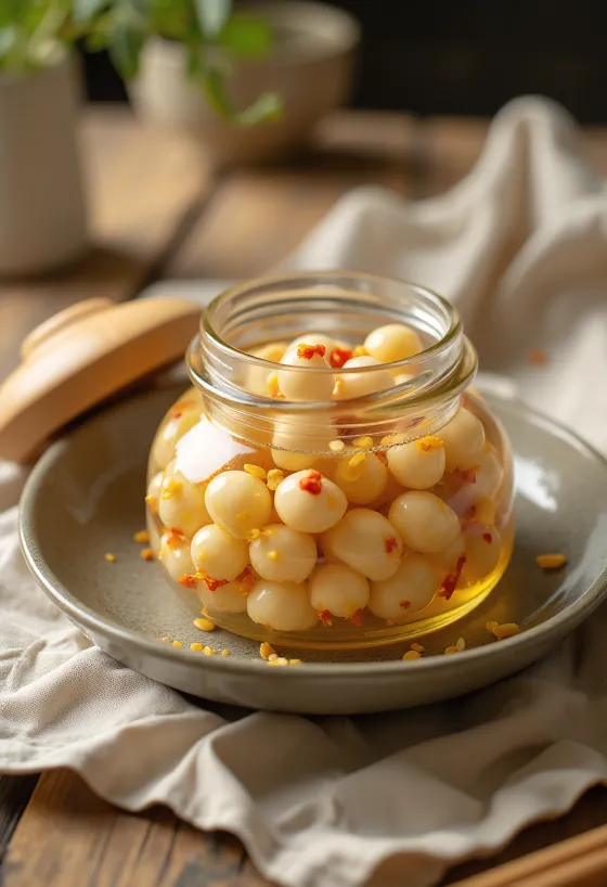 เม็ดบัวดองน้ำส้มสายชูรสเผ็ดจัดเสิร์ฟ