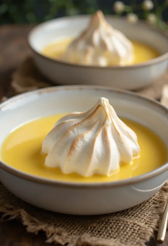 มาดาร์เตเสิร์ฟในแก้ว ตกแต่งด้วยคัสตาร์ดวานิลลาและไข่ขาวตีฟู