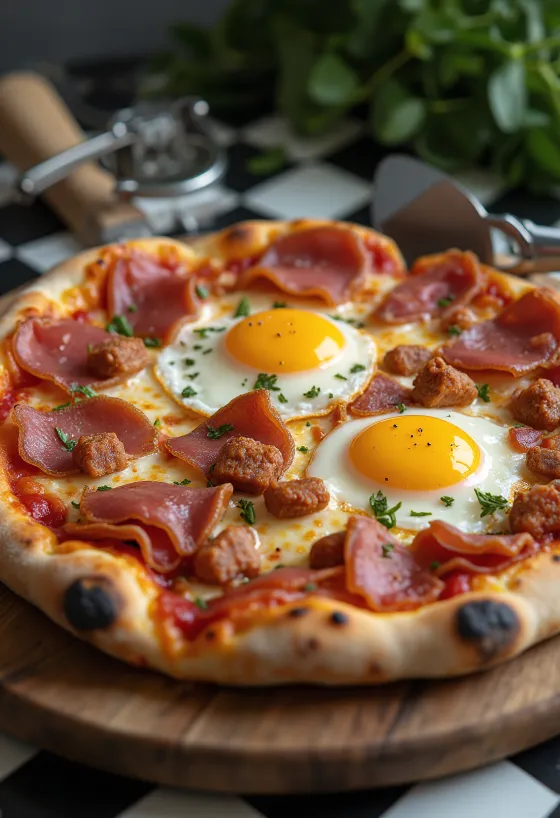 Pizza alla Pancetta e Uova พร้อมแพนเชตต้ากรอบและไข่